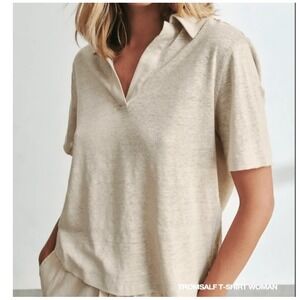 Ecoalf Polo‎ Shirt Womens Small Beige Oatmeal Troms 100% Linen Short Sleeve